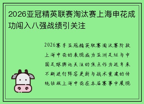 2026亚冠精英联赛淘汰赛上海申花成功闯入八强战绩引关注